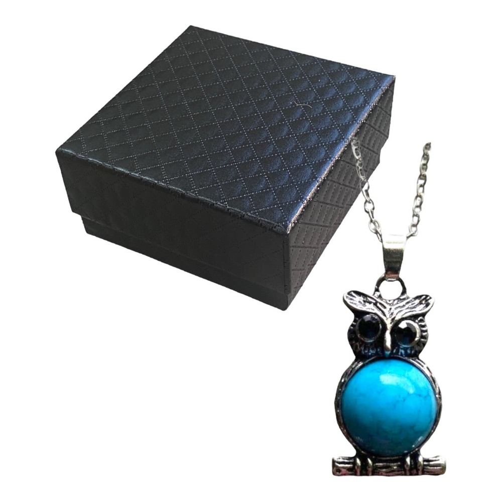 Silver BLUE Turquoise Rhinestone Cubic Zirconia CZ Gemstone Owl Necklace
